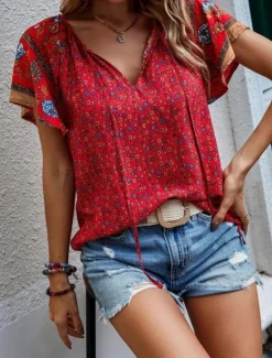 Online Women's Valentine Shirt Blouse Bohemia Retro Vintage Floral Regular Tops Short Sleeve V Neck Print Regular Fit Daily Casual Red Beige Summer Spring Fall Women Blouses & Shirts