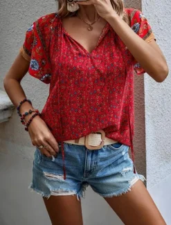 Online Women's Valentine Shirt Blouse Bohemia Retro Vintage Floral Regular Tops Short Sleeve V Neck Print Regular Fit Daily Casual Red Beige Summer Spring Fall Women Blouses & Shirts