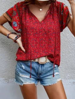 Online Women's Valentine Shirt Blouse Bohemia Retro Vintage Floral Regular Tops Short Sleeve V Neck Print Regular Fit Daily Casual Red Beige Summer Spring Fall Women Blouses & Shirts
