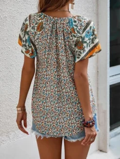 Online Women's Valentine Shirt Blouse Bohemia Retro Vintage Floral Regular Tops Short Sleeve V Neck Print Regular Fit Daily Casual Red Beige Summer Spring Fall Women Blouses & Shirts