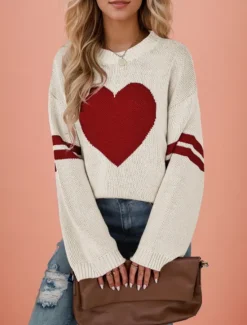 New Women's Valentine Sweater Casual Soft Heart Ribbed Crew Neck Knitted Long Sleeve Regular Tops Knit Outdoor Daily Valentine Black White Fall Winter Women Pullovers & Tops