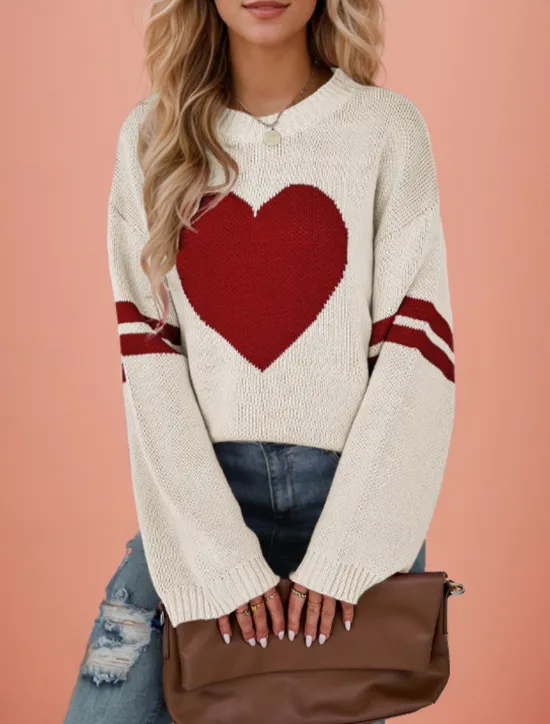 New Women's Valentine Sweater Casual Soft Heart Ribbed Crew Neck Knitted Long Sleeve Regular Tops Knit Outdoor Daily Valentine Black White Fall Winter Women Pullovers & Tops