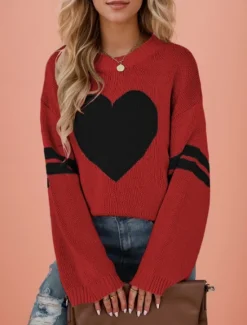 New Women's Valentine Sweater Casual Soft Heart Ribbed Crew Neck Knitted Long Sleeve Regular Tops Knit Outdoor Daily Valentine Black White Fall Winter Women Pullovers & Tops