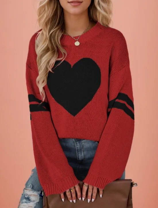 New Women's Valentine Sweater Casual Soft Heart Ribbed Crew Neck Knitted Long Sleeve Regular Tops Knit Outdoor Daily Valentine Black White Fall Winter Women Pullovers & Tops