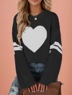 New Women's Valentine Sweater Casual Soft Heart Ribbed Crew Neck Knitted Long Sleeve Regular Tops Knit Outdoor Daily Valentine Black White Fall Winter Women Pullovers & Tops