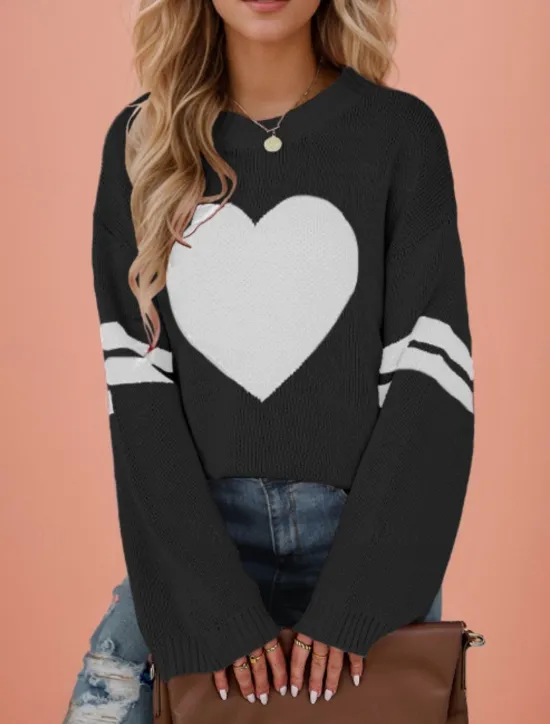New Women's Valentine Sweater Casual Soft Heart Ribbed Crew Neck Knitted Long Sleeve Regular Tops Knit Outdoor Daily Valentine Black White Fall Winter Women Pullovers & Tops