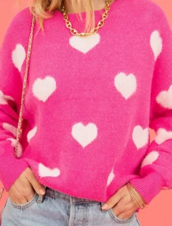 Women's Valentine Sweater Casual Soft Heart Graphic Ribbed Crew Neck Knitted Long Sleeve Regular Tops Knit Outdoor Daily Weekend Fall Winter Women Pullovers & Tops
