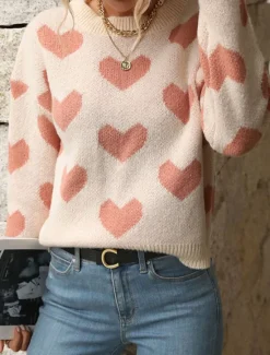 Best Women's Valentine Sweater Casual Soft Heart Ribbed Crew Neck Knitted Long Sleeve Regular Tops Knit Outdoor Daily Weekend Fall Winter Women Pullovers & Tops
