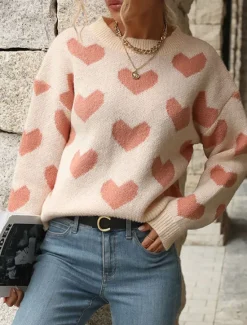 Best Women's Valentine Sweater Casual Soft Heart Ribbed Crew Neck Knitted Long Sleeve Regular Tops Knit Outdoor Daily Weekend Fall Winter Women Pullovers & Tops