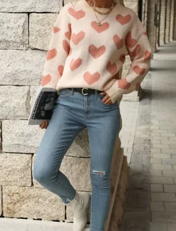 Best Women's Valentine Sweater Casual Soft Heart Ribbed Crew Neck Knitted Long Sleeve Regular Tops Knit Outdoor Daily Weekend Fall Winter Women Pullovers & Tops