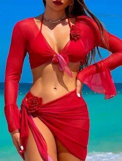 Best Women's Valentine Swimwear Bikini Skirt Swimsuit Backless Slim Vacation Beach Wear Solid Color Halter Neck Sleeveless Long Sleeve Bathing Suits Women Bikinis