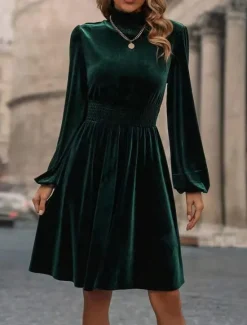 Outlet Women's Velvet Dress High Neck Long Sleeve Cinched Waistline Elegant Green Knee-Length Festive Party Wear Winter Clothing Apparel Women Cocktail Dress