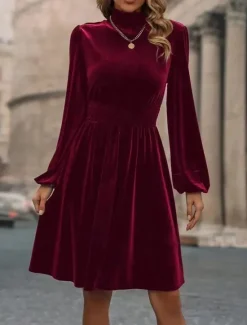 Outlet Women's Velvet Dress High Neck Long Sleeve Cinched Waistline Elegant Green Knee-Length Festive Party Wear Winter Clothing Apparel Women Cocktail Dress
