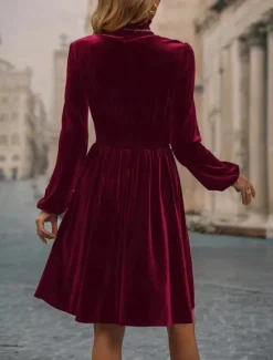 Outlet Women's Velvet Dress High Neck Long Sleeve Cinched Waistline Elegant Green Knee-Length Festive Party Wear Winter Clothing Apparel Women Cocktail Dress