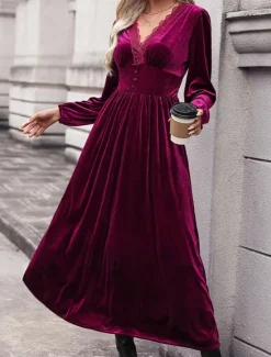 Clearance Women's Velvet Dress Maxi Dress Lace Patchwork Casual V Neck Long Sleeve Color Women Cocktail Dress
