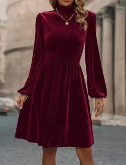 Sale Women's Velvet Dress Mini Dress Ruched Casual Turtleneck Long Sleeve Black Wine Green Color Women Cocktail Dress