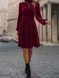 Sale Women's Velvet Dress Mini Dress Ruched Casual Turtleneck Long Sleeve Black Wine Green Color Women Cocktail Dress