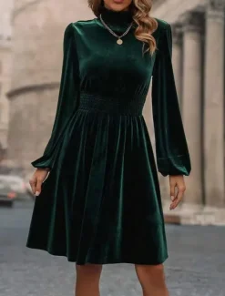 Sale Women's Velvet Dress Mini Dress Ruched Casual Turtleneck Long Sleeve Black Wine Green Color Women Cocktail Dress