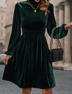 Sale Women's Velvet Dress Mini Dress Ruched Casual Turtleneck Long Sleeve Black Wine Green Color Women Cocktail Dress