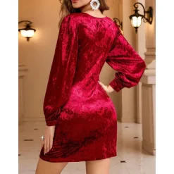 Online Women's Velvet Dress Mini Dress Sequins Casual V Neck Long Sleeve Color Women Cocktail Dress