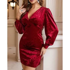 Online Women's Velvet Dress Mini Dress Sequins Casual V Neck Long Sleeve Color Women Cocktail Dress