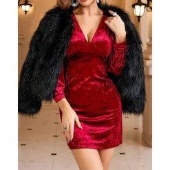 Online Women's Velvet Dress Mini Dress Sequins Casual V Neck Long Sleeve Color Women Cocktail Dress