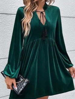 New Women's Velvet Dress Mini Dress Ruched Casual V Neck Long Sleeve Color Women Work Dresses