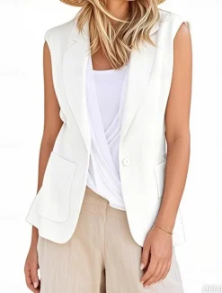 Discount Women's Vest Blazer Comfortable Breathable Pocket Modern Casual Plain Office Street Casual Daily Wear Single Breasted Regular V Neck Regular Fit Sleeveless Outerwear Black White Yellow Summer Spring Women Vest|Blazers & Suits