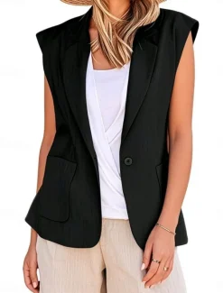Discount Women's Vest Blazer Comfortable Breathable Pocket Modern Casual Plain Office Street Casual Daily Wear Single Breasted Regular V Neck Regular Fit Sleeveless Outerwear Black White Yellow Summer Spring Women Vest|Blazers & Suits