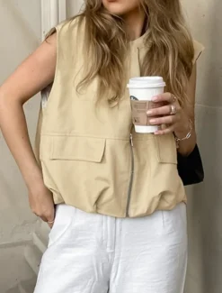 Online Women's Vest Comfortable Breathable Zipper Pocket Casual Plain Vacation Street Casual Daily Wear Zipper Short V Neck Regular Fit Sleeveless Outerwear Summer Spring Women Vest