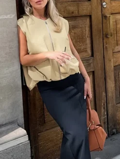 Online Women's Vest Comfortable Breathable Zipper Pocket Casual Plain Vacation Street Casual Daily Wear Zipper Short V Neck Regular Fit Sleeveless Outerwear Summer Spring Women Vest