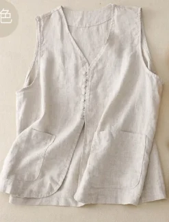 Outlet Women's Vest Comfortable Breathable Pocket Buttons Casual Plain Vacation Street Casual Daily Wear Single Breasted Short V Neck Regular Fit Sleeveless Outerwear White Khaki Beige Summer Spring Women Vest