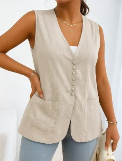 Outlet Women's Vest Comfortable Breathable Pocket Buttons Casual Plain Vacation Street Casual Daily Wear Single Breasted Short V Neck Regular Fit Sleeveless Outerwear White Khaki Beige Summer Spring Women Vest