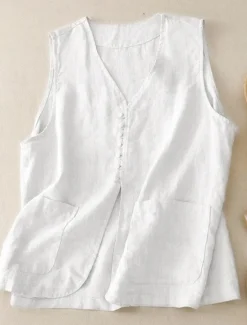 Outlet Women's Vest Comfortable Breathable Pocket Buttons Casual Plain Vacation Street Casual Daily Wear Single Breasted Short V Neck Regular Fit Sleeveless Outerwear White Khaki Beige Summer Spring Women Vest