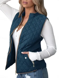 Online Women's Vest Comfortable Breathable Zipper Pocket Casual Plain Vacation Street Casual Daily Wear Zipper Regular Stand Collar Regular Fit Sleeveless Outerwear Pink Blue Brown Spring Fall Women Vest
