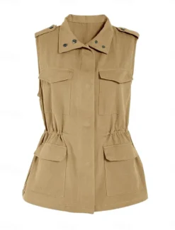 Clearance Women's Vest Comfortable Breathable Zipper Pocket Casual Plain Vacation Street Casual Daily Wear Zipper Regular Turndown Regular Fit Sleeveless Outerwear Black Brown Beige Summer Spring Women Vest