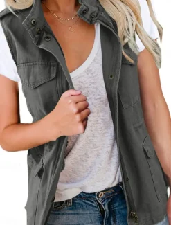 Clearance Women's Vest Comfortable Breathable Zipper Pocket Casual Plain Vacation Street Casual Daily Wear Zipper Regular Turndown Regular Fit Sleeveless Outerwear Black Brown Beige Summer Spring Women Vest