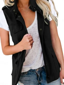 Clearance Women's Vest Comfortable Breathable Zipper Pocket Casual Plain Vacation Street Casual Daily Wear Zipper Regular Turndown Regular Fit Sleeveless Outerwear Black Brown Beige Summer Spring Women Vest
