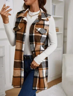 Outlet Women's Vest Dailywear Button Plaid Comfortable Stylish Regular Fit Outerwear Long Sleeve Fall Pink S Women Vest