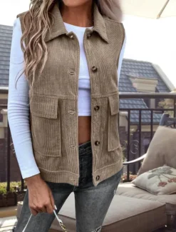 New Women's Vest Outdoor Street Daily Wear Fall Winter Regular Coat Regular Fit Thermal Warm Breathable Stylish Casual Jacket Sleeveless Solid Color with Pockets Army Green Khaki Women Vest