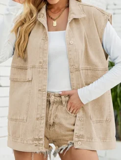 Online Women's Vest Outdoor Street Daily Wear Fall Winter Regular Coat Regular Fit Thermal Warm Breathable Stylish Casual Jacket Sleeveless Plain with Pockets Black Blue Khaki Women Vest