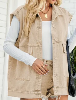 Online Women's Vest Outdoor Street Daily Wear Fall Winter Regular Coat Regular Fit Thermal Warm Breathable Stylish Casual Jacket Sleeveless Plain with Pockets Black Blue Khaki Women Vest