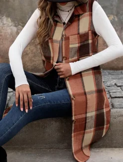 Women's Vest Outdoor Street Daily Wear Fall Winter Long Coat Regular Fit Thermal Warm Breathable Stylish Casual Jacket Sleeveless Stripes and Plaid with Pockets Women Vest