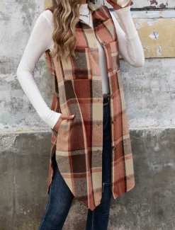 Women's Vest Outdoor Street Daily Wear Fall Winter Long Coat Regular Fit Thermal Warm Breathable Stylish Casual Jacket Sleeveless Stripes and Plaid with Pockets Women Vest