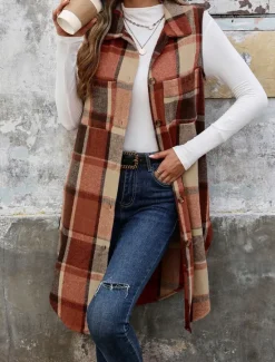Women's Vest Outdoor Street Daily Wear Fall Winter Long Coat Regular Fit Thermal Warm Breathable Stylish Casual Jacket Sleeveless Stripes and Plaid with Pockets Women Vest