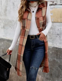 Women's Vest Outdoor Street Daily Wear Fall Winter Long Coat Regular Fit Thermal Warm Breathable Stylish Casual Jacket Sleeveless Stripes and Plaid with Pockets Women Vest