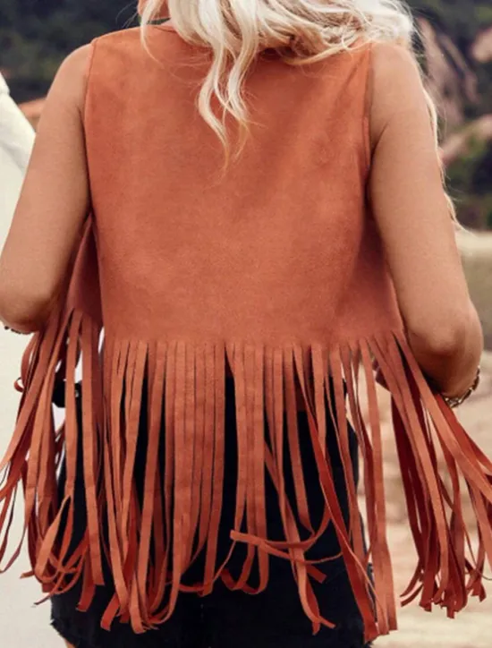 Sale Women's Vest Outdoor Street Daily Wear Summer Regular Coat Regular Fit Thermal Warm Breathable Stylish Casual Jacket Sleeveless Plain Tassel Fringe Black Pink Brown Women Vest