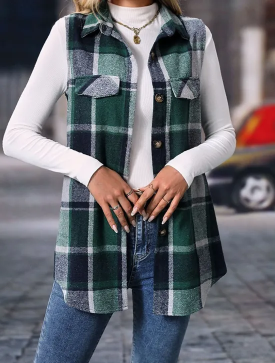 Women's Vest Outdoor Street Daily Wear Fall Winter Regular Coat Regular Fit Thermal Warm Breathable Stylish Casual Jacket Sleeveless Stripes and Plaid with Pockets Print Orange Green Khaki Women Vest