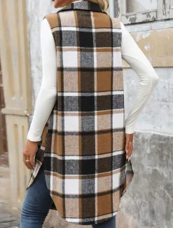 Hot Women's Vest Outdoor Street Daily Wear Fall Winter Long Coat Regular Fit Thermal Warm Breathable Stylish Casual Jacket Sleeveless Stripes and Plaid with Pockets Print Orange Green Khaki Women Vest