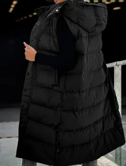 Best Women's Vest Warm Breathable Buttons Pocket Fashion Casual Street Style Plain Outdoor Vacation Street Daily Wear Single Breasted Long Hoodie Regular Fit Sleeveless Outerwear Black White Sky Blue Fall Women Puffers & Parka